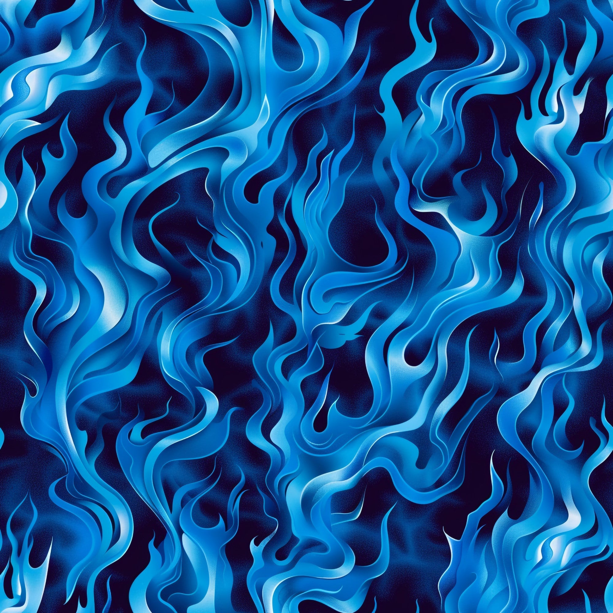 blue flames, fire pattern, swirling design, navy blue, light blue, cyan, turquoise, flowing flames, abstract fire, wavy pattern,, fabric panel, dynamic movement, fluid design, flame motifs, blue fire, undulating waves, organic shapes, contemporary style, energetic pattern