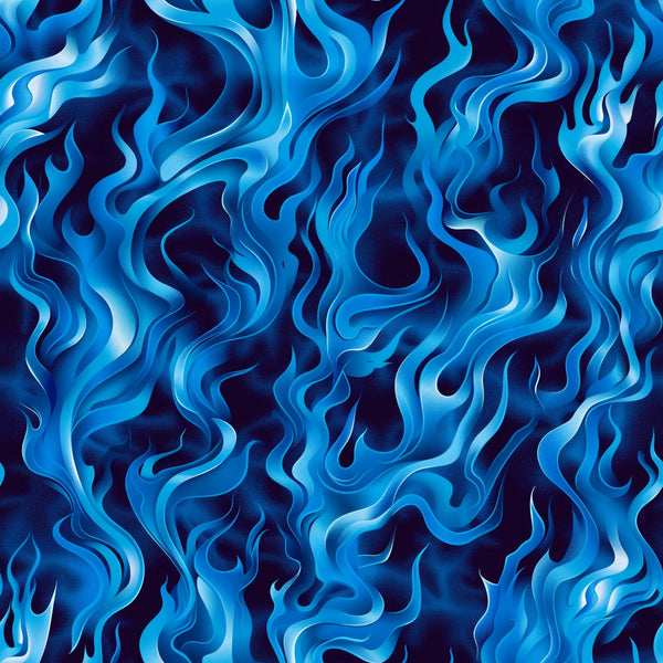 blue flames, fire pattern, swirling design, navy blue, light blue, cyan, turquoise, flowing flames, abstract fire, wavy pattern,, fabric panel, dynamic movement, fluid design, flame motifs, blue fire, undulating waves, organic shapes, contemporary style, energetic pattern