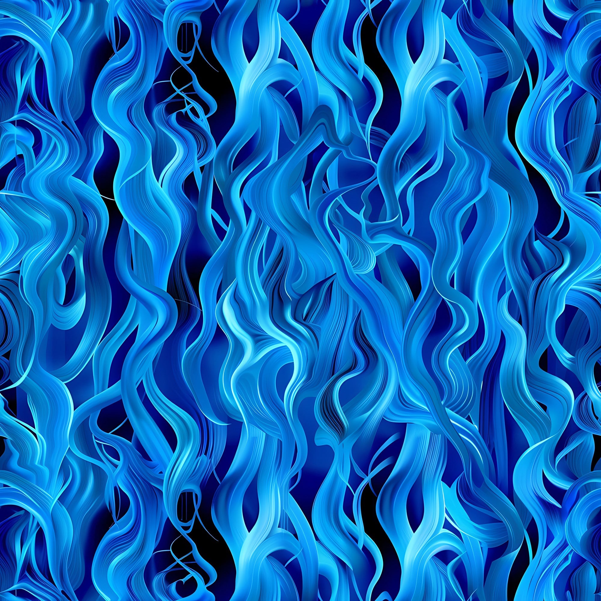 blue flames, fire pattern, electric blue, cobalt blue, navy blue, flowing flames, dynamic movement, abstract design, swirling pattern, flame motifs,, fabric panel, modern style, energetic mood, wave-like design, fluid lines, bright blue, dark blue accents, contemporary pattern, cotton fabric