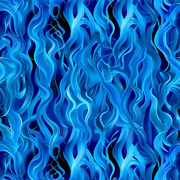 blue flames, fire pattern, electric blue, cobalt blue, navy blue, flowing flames, dynamic movement, abstract design, swirling pattern, flame motifs,, fabric panel, modern style, energetic mood, wave-like design, fluid lines, bright blue, dark blue accents, contemporary pattern, cotton fabric