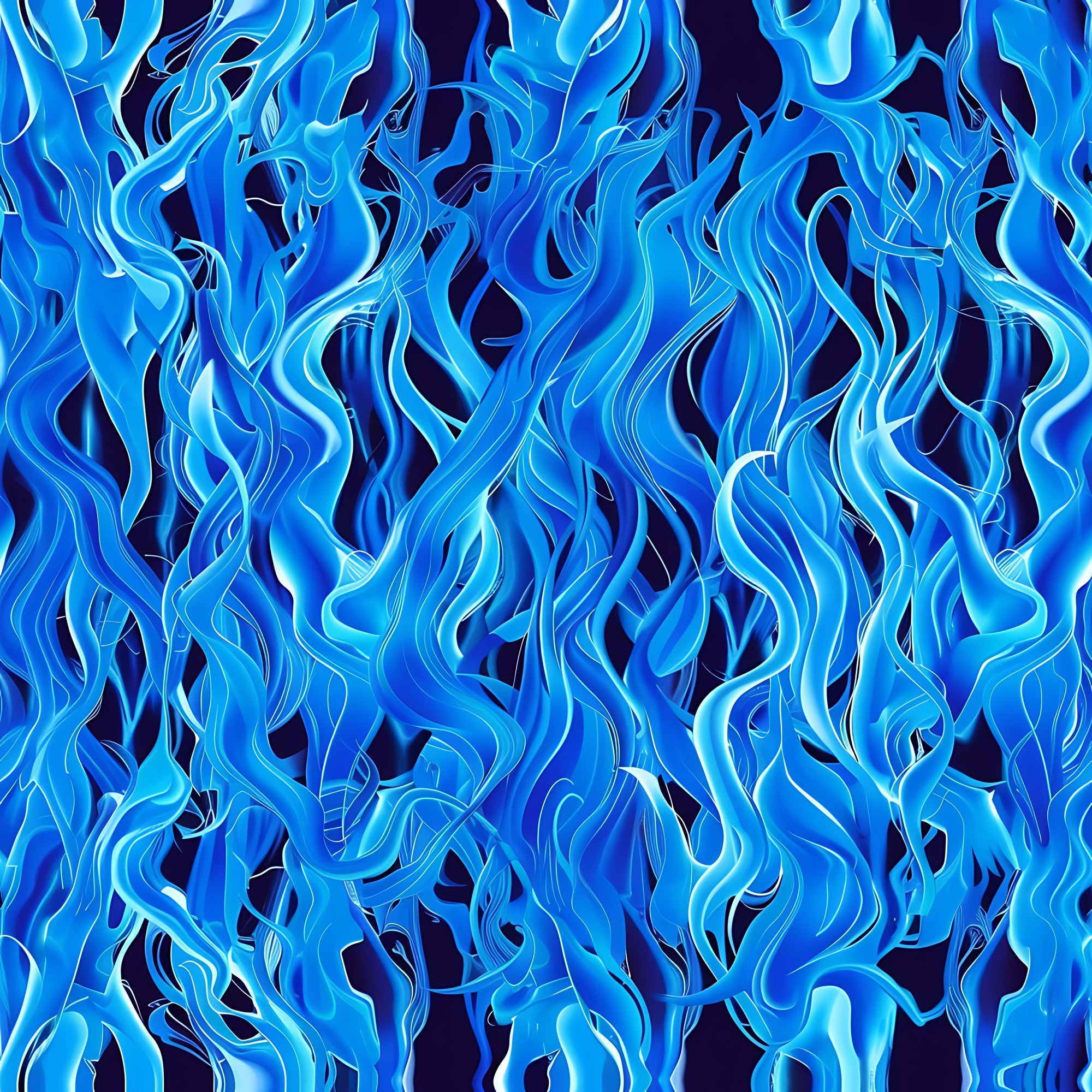 blue flames, fire pattern, bright blue, navy blue, turquoise, cyan, flowing flames, dynamic movement, swirling design, flame motifs,, fabric panel, energetic pattern, wavy lines, flame tongues, blue fire, undulating shapes, contemporary style, vibrant blues, seamless pattern