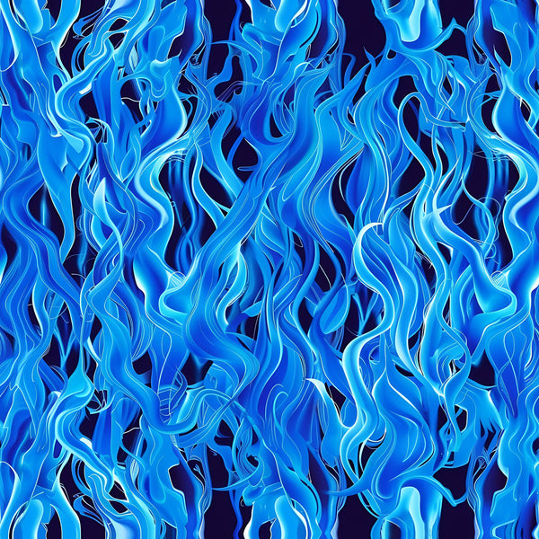 blue flames, fire pattern, bright blue, navy blue, turquoise, cyan, flowing flames, dynamic movement, swirling design, flame motifs,, fabric panel, energetic pattern, wavy lines, flame tongues, blue fire, undulating shapes, contemporary style, vibrant blues, seamless pattern