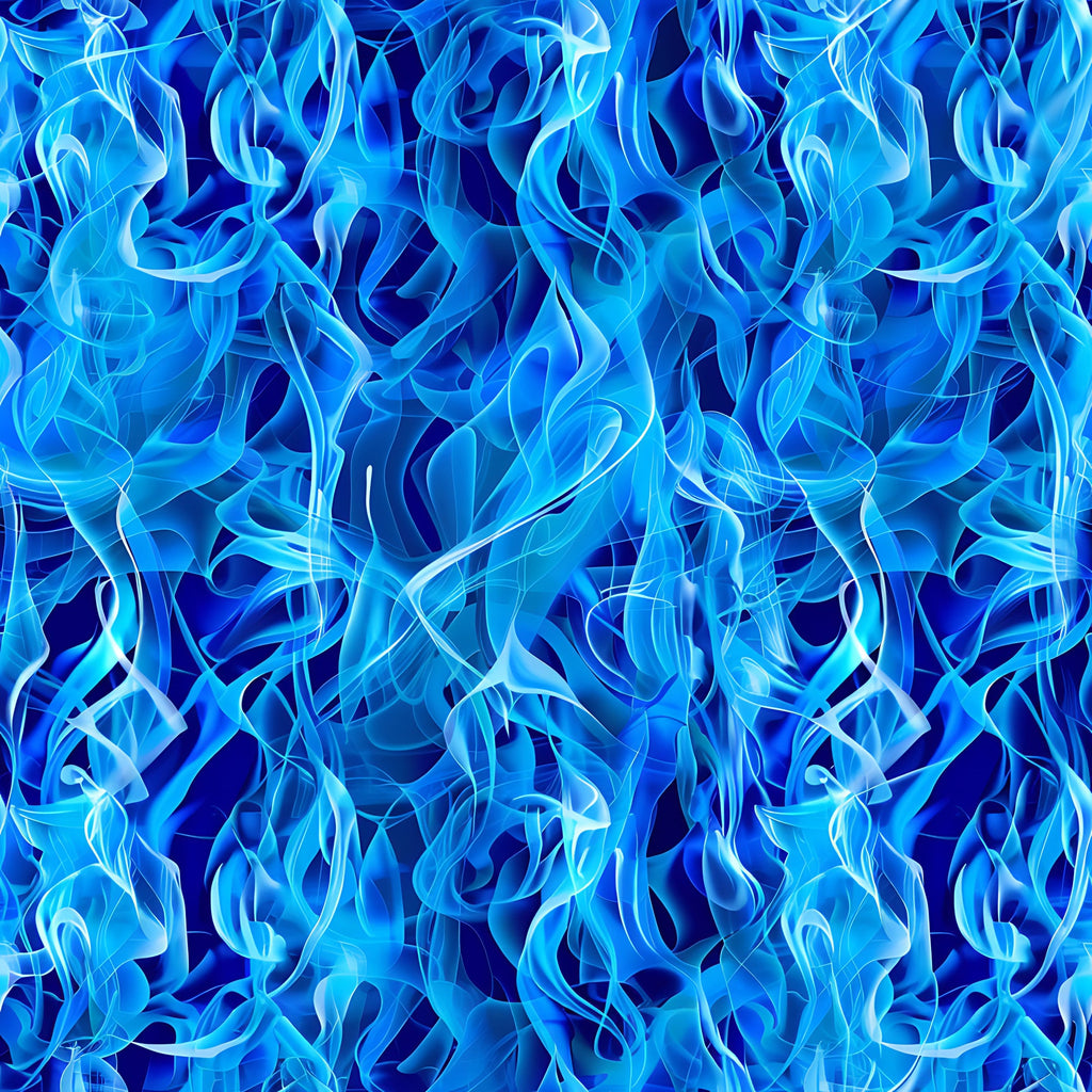 blue flames, fire pattern, bright blue, turquoise, navy blue, swirling flames, abstract fire, flame motifs, dancing flames, fluid design,, fabric panel, continuous pattern, energetic design, mystical flames, blue fire effect, wavy pattern, flowing design, artistic flames