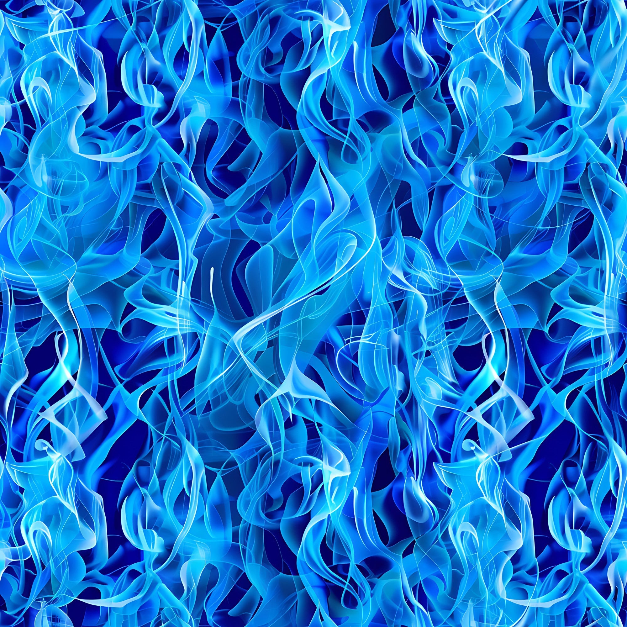 blue flames, fire pattern, bright blue, turquoise, navy blue, swirling flames, abstract fire, flame motifs, dancing flames, fluid design,, fabric panel, continuous pattern, energetic design, mystical flames, blue fire effect, wavy pattern, flowing design, artistic flames