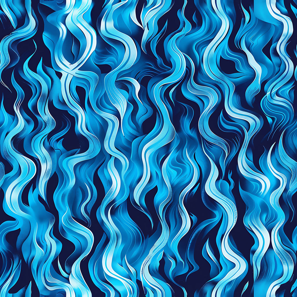 blue flames, turquoise, navy blue, cyan, fire pattern, flame design, wavy lines, flowing movement, abstract pattern,, fabric panel, dynamic swirls, ocean blue, cobalt, undulating curves, modern art style, energetic motion, blue fire, flame motif, contemporary design