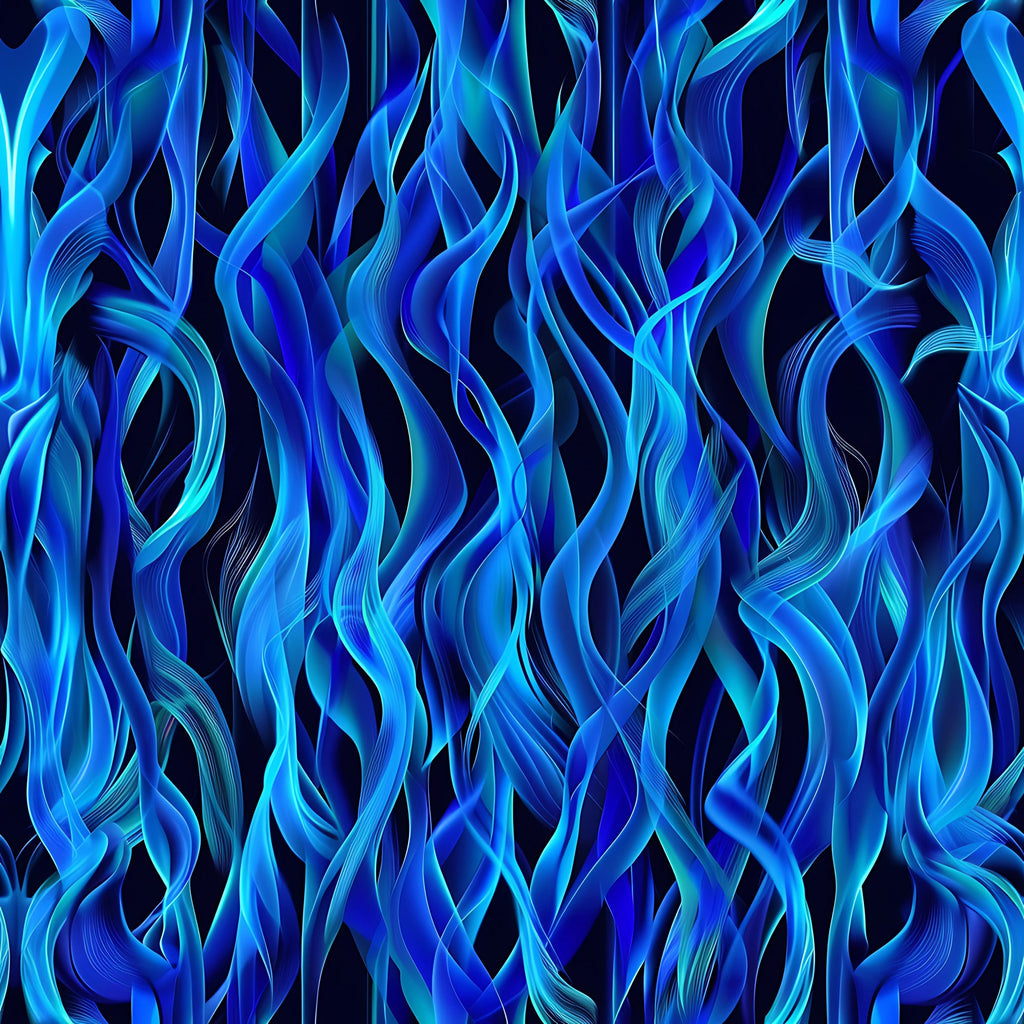 blue flames, turquoise, navy blue, cyan, fire pattern, flowing flames, abstract flames, dynamic movement, wavy lines,, fabric panel, mystical fire, blue fire, flame motifs, swirling pattern, energetic design, cool flames, dancing flames, modern abstract, vibrant blues