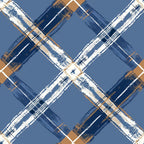 blue, brown, white, gingham, plaid, checkered, crosshatch, brushstroke texture, geometric pattern,, fabric panel, rustic, weathered, painted effect, diagonal stripes, intersecting lines, cottage style, coordinating colors, crafting fabric