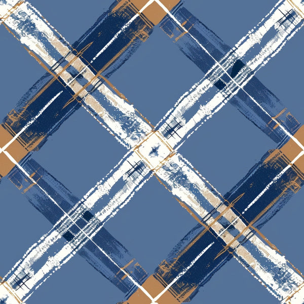 blue, brown, white, gingham, plaid, checkered, crosshatch, brushstroke texture, geometric pattern,, fabric panel, rustic, weathered, painted effect, diagonal stripes, intersecting lines, cottage style, coordinating colors, crafting fabric