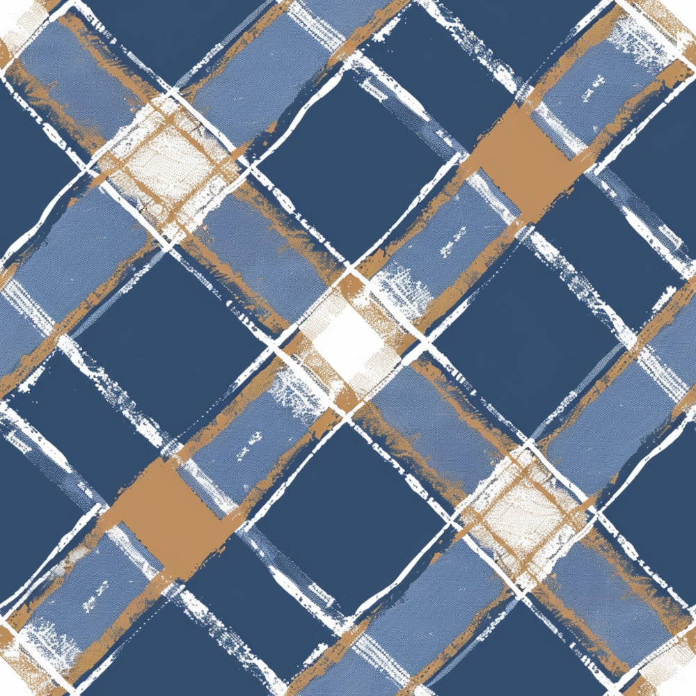 navy blue, steel blue, brown, tan, white, cream, gingham pattern, plaid design, checkered squares, geometric pattern, brushed texture, distressed effect,, fabric panel, rustic style, country aesthetic, crosshatch lines, diagonal arrangement, painterly finish, masculine colors
