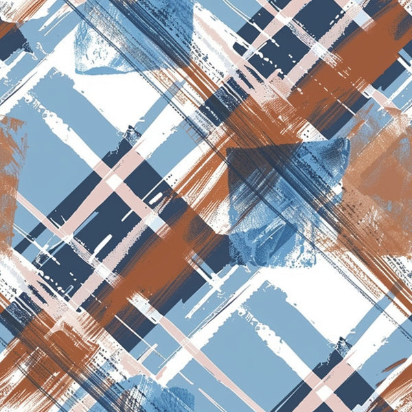 blue, brown, white, navy, rust, pink, abstract brushstrokes, geometric shapes, modern art, contemporary design, painterly strokes, overlapping layers, dynamic composition,, fabric panel, artistic pattern, mixed media style, diagonal elements, textured appearance, color blocking