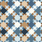 blue, brown, white, beige, gingham, checkered, plaid, diagonal squares, geometric pattern,, fabric panel, patchwork, woven texture, multi-toned blues, earth tones, repeating pattern, cotton fabric, crafting material, sewing fabric