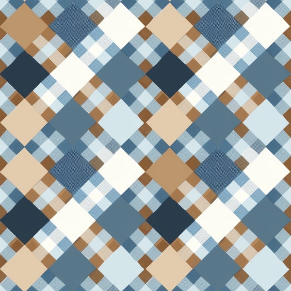 blue, brown, white, beige, gingham, checkered, plaid, diagonal squares, geometric pattern,, fabric panel, patchwork, woven texture, multi-toned blues, earth tones, repeating pattern, cotton fabric, crafting material, sewing fabric