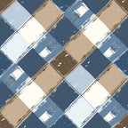 blue, brown, beige, white, gingham, checkered, plaid, geometric, squares, distressed, vintage, weathered,, fabric panel, rustic, textured brushstrokes, diagonal pattern, patchwork, crafting material