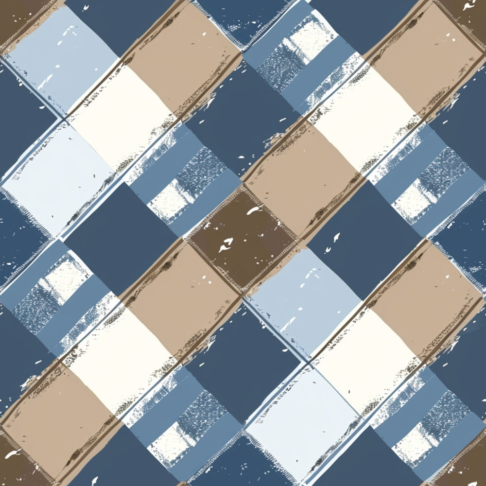 blue, brown, beige, white, gingham, checkered, plaid, geometric, squares, distressed, vintage, weathered,, fabric panel, rustic, textured brushstrokes, diagonal pattern, patchwork, crafting material