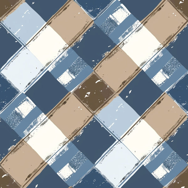 blue, brown, beige, white, gingham, checkered, plaid, geometric, squares, distressed, vintage, weathered,, fabric panel, rustic, textured brushstrokes, diagonal pattern, patchwork, crafting material