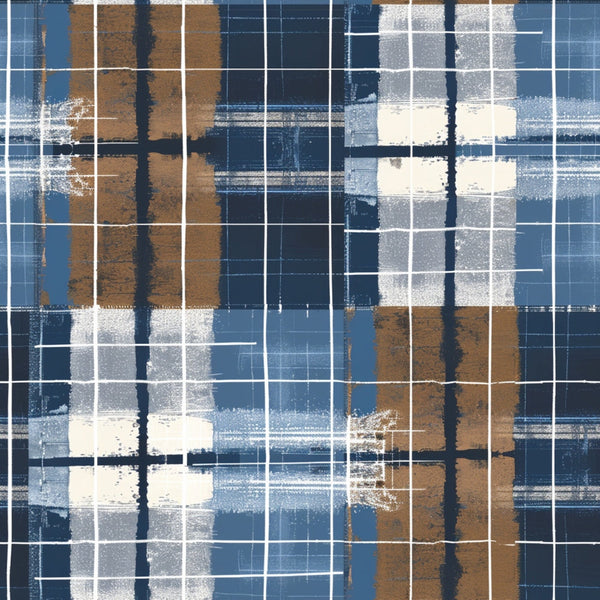 navy blue, steel blue, brown, cream, white, gingham pattern, plaid design, checkered squares, grid lines, brushstroke texture, distressed effect, weathered appearance,, fabric panel, geometric design, rustic style, vintage look, cotton fabric, patchwork squares, textured surface