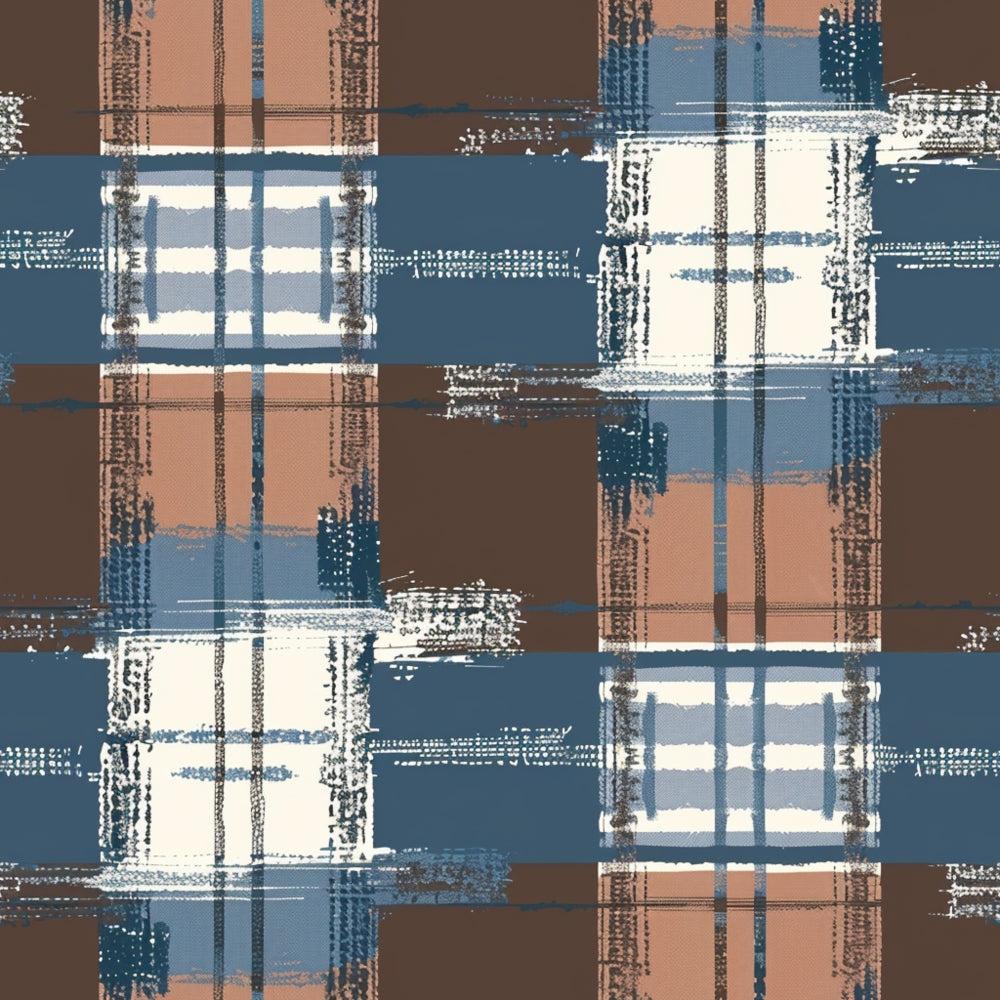 blue, brown, cream, white, gingham, plaid, checkered, patchwork, geometric,, fabric panel, rustic, country style, woven texture, distressed, vintage look, earthy tones, crosshatch, grid pattern, cotton fabric