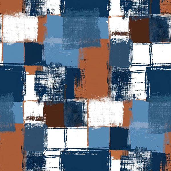 blue, brown, orange, white, navy, rust, gingham, checkered, squares, brushstroke, painterly, abstract, distressed, weathered,, fabric panel, geometric, plaid, textured, crosshatch