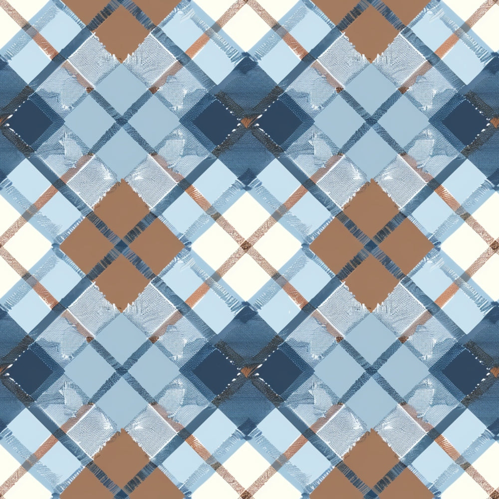 blue, brown, cream, white, gingham, plaid, checkered, diagonal, geometric, squares, patchwork,, fabric panel, rustic, country style, woven texture, repeating pattern, diamond shapes, neutral tones, crafting material