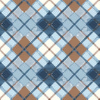 blue, brown, cream, white, gingham, plaid, checkered, diagonal, geometric, squares, patchwork,, fabric panel, rustic, country style, woven texture, repeating pattern, diamond shapes, neutral tones, crafting material