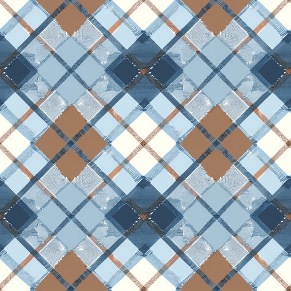 blue, brown, cream, white, gingham, plaid, checkered, diagonal, geometric, squares, patchwork,, fabric panel, rustic, country style, woven texture, repeating pattern, diamond shapes, neutral tones, crafting material