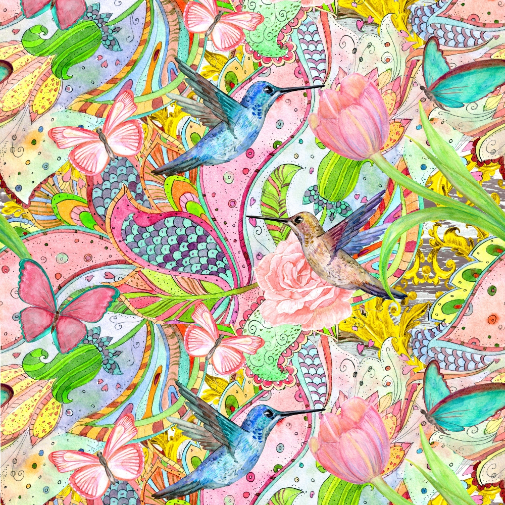hummingbirds, butterflies, floral pattern, tropical flowers, pink tulips, blue birds, green foliage, yellow accents, coral pink, turquoise, bohemian style, whimsical design, nature motif, colorful birds, ornate flowers, decorative swirls,, fabric panel, vibrant colors, botanical elements
