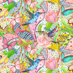 hummingbirds, butterflies, floral pattern, tropical flowers, pink tulips, blue birds, green foliage, yellow accents, coral pink, turquoise, bohemian style, whimsical design, nature motif, colorful birds, ornate flowers, decorative swirls,, fabric panel, vibrant colors, botanical elements