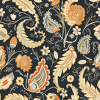 boho paisley, floral motifs, orange accents, cream colors, charcoal background, intricate patterns, decorative swirls, botanical elements,, fabric panel, ornate designs, earthy tones, flowing vines, detailed florals, bohemian style, textile art, curving stems, layered petals, warm palette