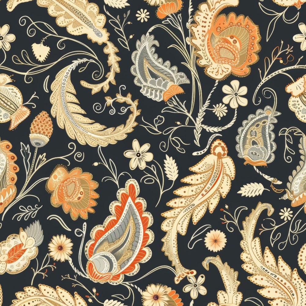 boho paisley, floral motifs, orange accents, cream colors, charcoal background, intricate patterns, decorative swirls, botanical elements,, fabric panel, ornate designs, earthy tones, flowing vines, detailed florals, bohemian style, textile art, curving stems, layered petals, warm palette