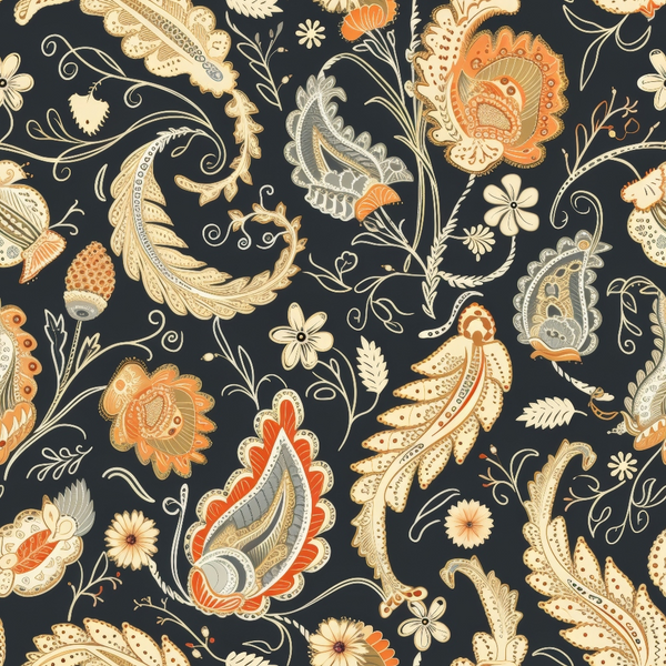 boho paisley, floral motifs, orange accents, cream colors, charcoal background, intricate patterns, decorative swirls, botanical elements,, fabric panel, ornate designs, earthy tones, flowing vines, detailed florals, bohemian style, textile art, curving stems, layered petals, warm palette