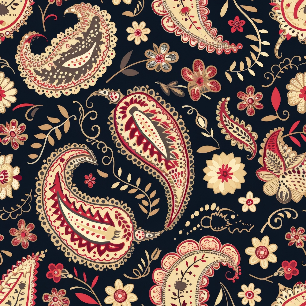 navy blue, cream, burgundy, red, gold, paisley pattern, boho design, floral motifs, decorative flowers, intricate details, ornate swirls, vintage style, bohemian aesthetic,, fabric panel, repeating pattern, decorative elements, artistic flourishes, botanical design, rich colors