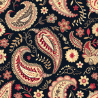 navy blue, cream, burgundy, red, gold, paisley pattern, boho design, floral motifs, decorative flowers, intricate details, ornate swirls, vintage style, bohemian aesthetic,, fabric panel, repeating pattern, decorative elements, artistic flourishes, botanical design, rich colors