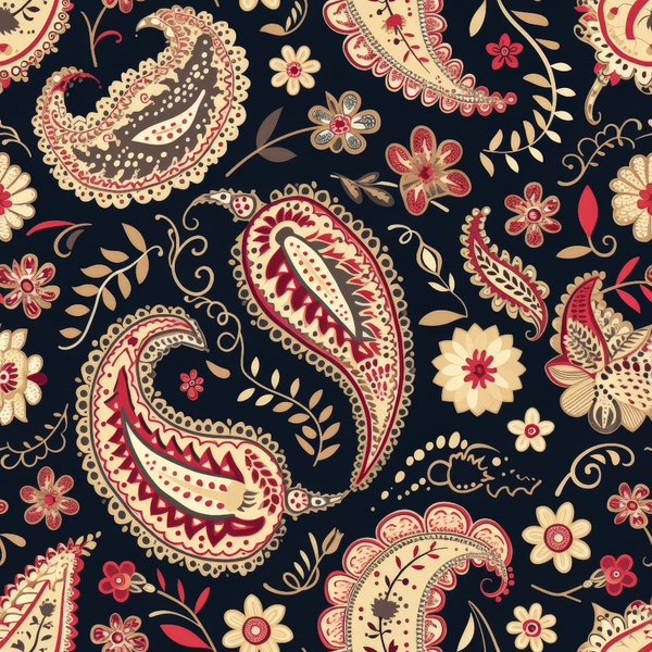 navy blue, cream, burgundy, red, gold, paisley pattern, boho design, floral motifs, decorative flowers, intricate details, ornate swirls, vintage style, bohemian aesthetic,, fabric panel, repeating pattern, decorative elements, artistic flourishes, botanical design, rich colors