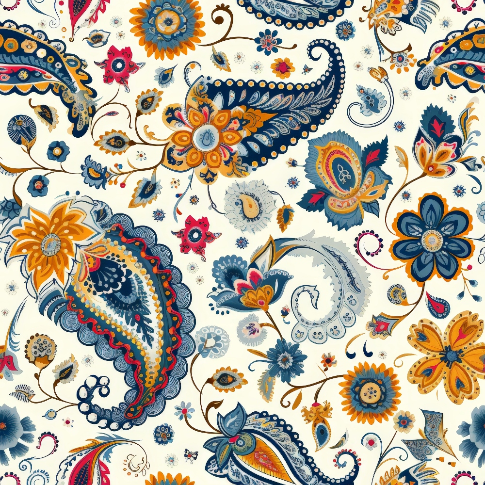 navy blue, orange, cream background, paisley motifs, floral elements, bohemian style,, fabric panel, decorative swirls, intricate details, red accents, teardrop shapes, ornamental design, boho chic, artistic pattern, curved lines, detailed florals, vibrant colors, textile art, seamless repeat