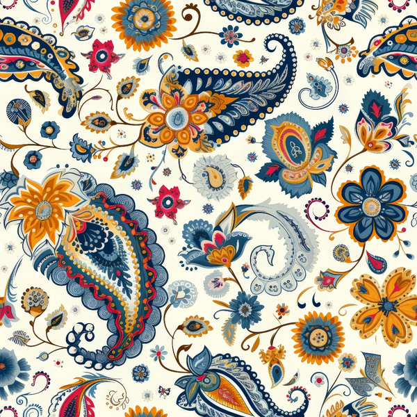 navy blue, orange, cream background, paisley motifs, floral elements, bohemian style,, fabric panel, decorative swirls, intricate details, red accents, teardrop shapes, ornamental design, boho chic, artistic pattern, curved lines, detailed florals, vibrant colors, textile art, seamless repeat