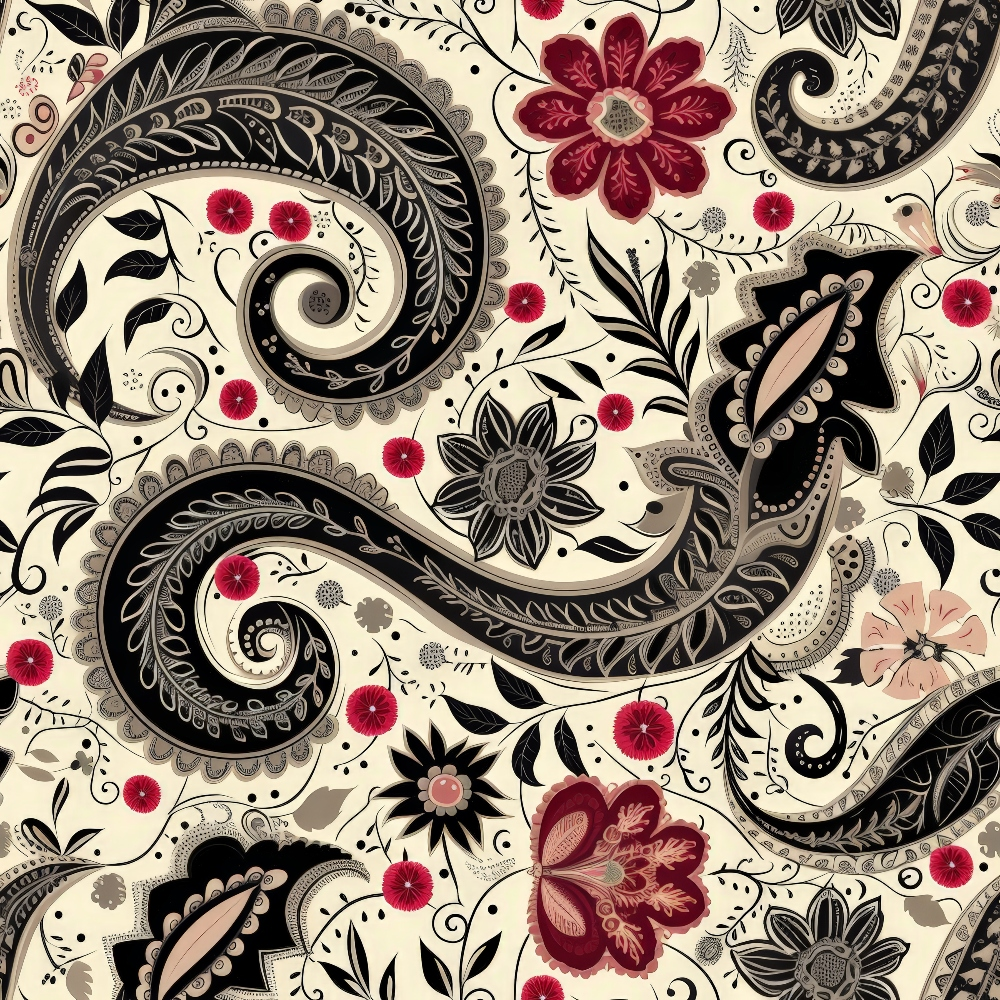 boho paisley, floral motifs, burgundy red, cream beige, black accents, swirling patterns, ornate designs, decorative flourishes, vintage style, intricate details,, fabric panel, botanical elements, curved shapes, teardrop forms, ethnic inspired, artistic swirls, detailed linework, rich colors, bohemian aesthetic
