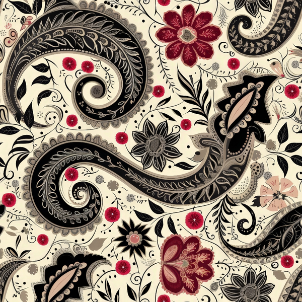 boho paisley, floral motifs, burgundy red, cream beige, black accents, swirling patterns, ornate designs, decorative flourishes, vintage style, intricate details,, fabric panel, botanical elements, curved shapes, teardrop forms, ethnic inspired, artistic swirls, detailed linework, rich colors, bohemian aesthetic