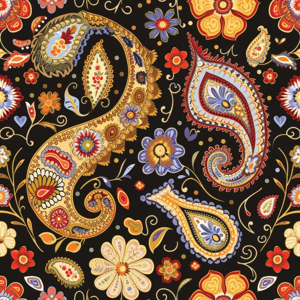 paisley pattern, boho style, floral motifs, black background, gold accents, red flowers, blue petals, orange blooms, intricate details, decorative swirls, teardrop shapes, ornate design, vibrant colors,, fabric panel, bohemian aesthetic, detailed florals, curvilinear patterns, rich textures, artistic motifs