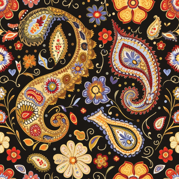 paisley pattern, boho style, floral motifs, black background, gold accents, red flowers, blue petals, orange blooms, intricate details, decorative swirls, teardrop shapes, ornate design, vibrant colors,, fabric panel, bohemian aesthetic, detailed florals, curvilinear patterns, rich textures, artistic motifs