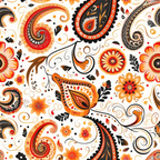 orange, red, brown, black, cream, paisley pattern, boho style, floral motifs, swirls, decorative elements,, fabric panel, intricate designs, ornamental, flowing curves, botanical elements, bohemian, artistic flourishes, detailed patterns, warm tones