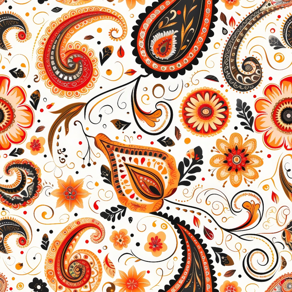 orange, red, brown, black, cream, paisley pattern, boho style, floral motifs, swirls, decorative elements,, fabric panel, intricate designs, ornamental, flowing curves, botanical elements, bohemian, artistic flourishes, detailed patterns, warm tones
