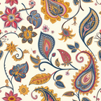 boho paisley, floral motifs, cream background, navy blue, coral pink, golden yellow, orange accents, paisley teardrops, stylized flowers, decorative leaves, swirling vines, intricate details, bohemian style,, fabric panel, ornate patterns, ethnic inspired, curved stems, layered petals, artistic flourishes