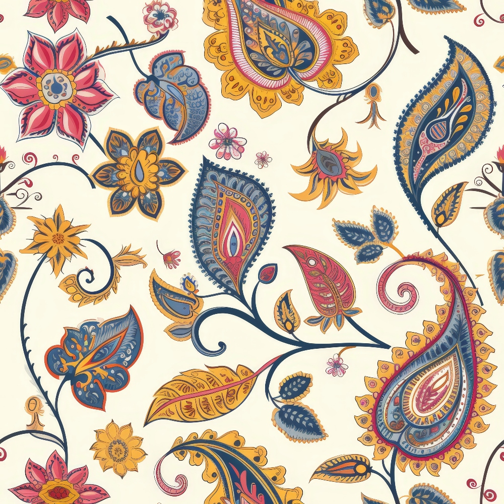 boho paisley, floral motifs, cream background, navy blue, coral pink, golden yellow, orange accents, paisley teardrops, stylized flowers, decorative leaves, swirling vines, intricate details, bohemian style,, fabric panel, ornate patterns, ethnic inspired, curved stems, layered petals, artistic flourishes