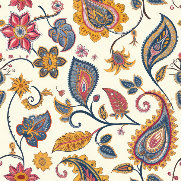 boho paisley, floral motifs, cream background, navy blue, coral pink, golden yellow, orange accents, paisley teardrops, stylized flowers, decorative leaves, swirling vines, intricate details, bohemian style,, fabric panel, ornate patterns, ethnic inspired, curved stems, layered petals, artistic flourishes