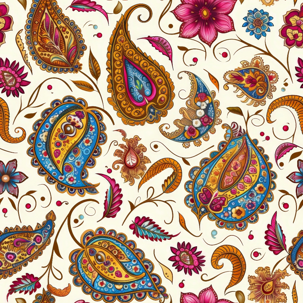 paisley pattern, boho style, floral motifs, ornate designs, magenta pink, golden yellow, turquoise blue, orange accents, brown details, cream background, intricate swirls, decorative flowers, paisley teardrops, bohemian aesthetic,, fabric panel, detailed ornaments, curved flourishes, multi-colored design, eastern inspired