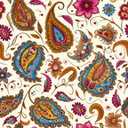 paisley pattern, boho style, floral motifs, ornate designs, magenta pink, golden yellow, turquoise blue, orange accents, brown details, cream background, intricate swirls, decorative flowers, paisley teardrops, bohemian aesthetic,, fabric panel, detailed ornaments, curved flourishes, multi-colored design, eastern inspired