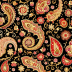 black background, red paisley, gold paisley, cream paisley, boho pattern, floral motifs, decorative swirls, ornate designs,, fabric panel, bohemian style, intricate details, teardrop shapes, botanical elements, rich colors, vintage inspired, ethnic pattern, artistic flourishes, textile design