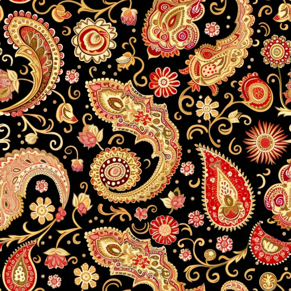 black background, red paisley, gold paisley, cream paisley, boho pattern, floral motifs, decorative swirls, ornate designs,, fabric panel, bohemian style, intricate details, teardrop shapes, botanical elements, rich colors, vintage inspired, ethnic pattern, artistic flourishes, textile design