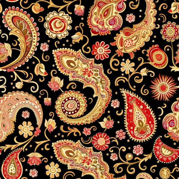 black background, red paisley, gold paisley, cream paisley, boho pattern, floral motifs, decorative swirls, ornate designs,, fabric panel, bohemian style, intricate details, teardrop shapes, botanical elements, rich colors, vintage inspired, ethnic pattern, artistic flourishes, textile design