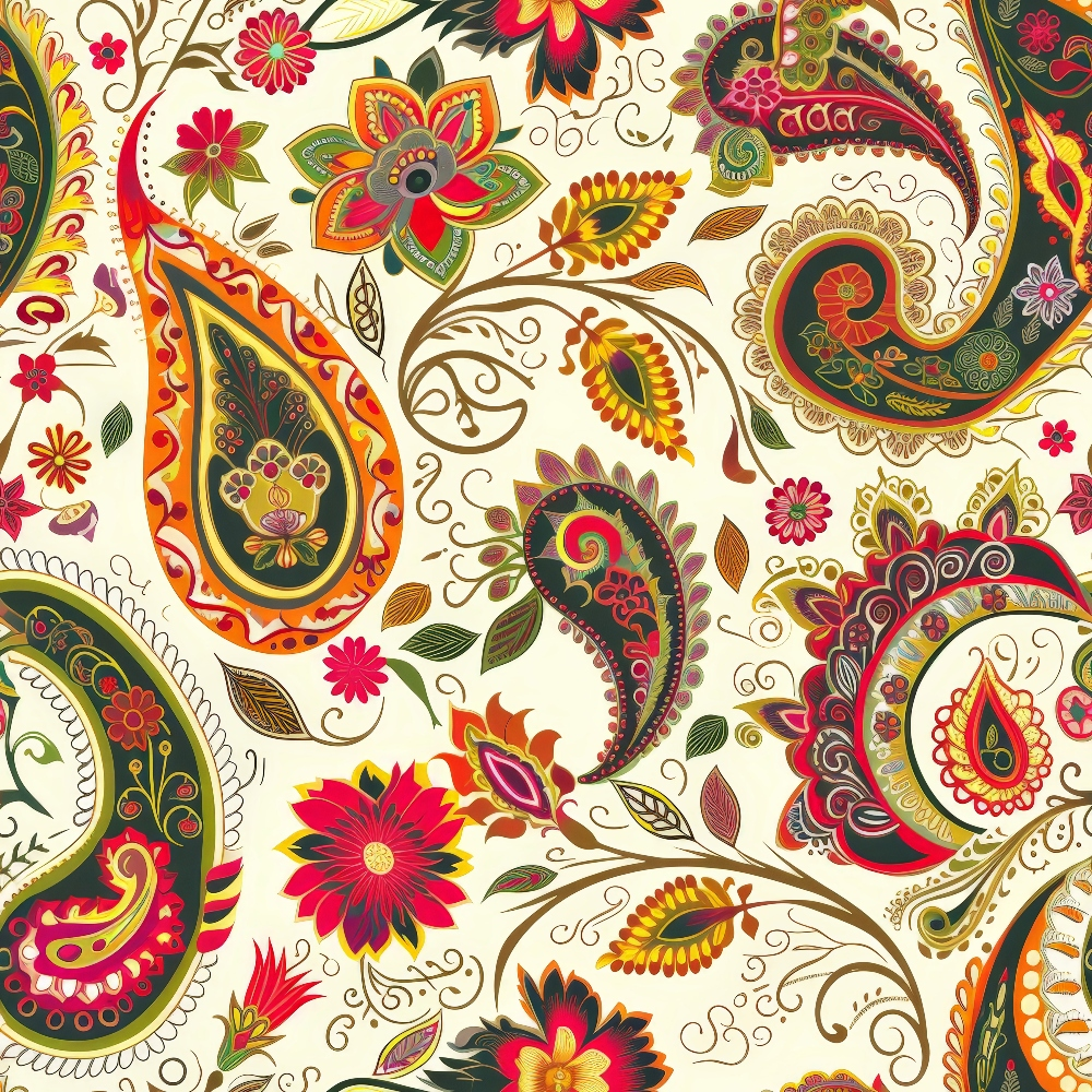 boho, paisley pattern, floral motifs, red flowers, orange accents, green leaves, cream background, yellow details, purple elements, brown swirls, decorative blooms, ornate design, vibrant colors,, fabric panel, bohemian style, intricate patterns, swirling vines, mandala flowers, artistic flourishes